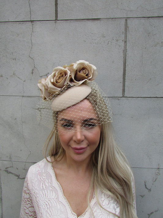 Beige Floral Fascinator Hat with Veil