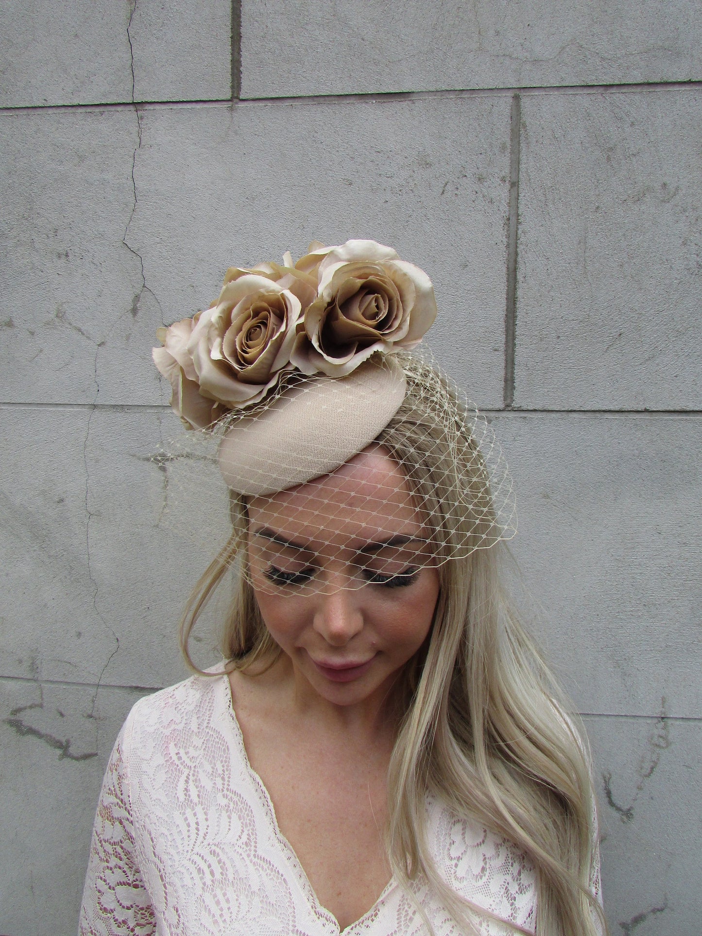 Beige Floral Fascinator Hat with Veil