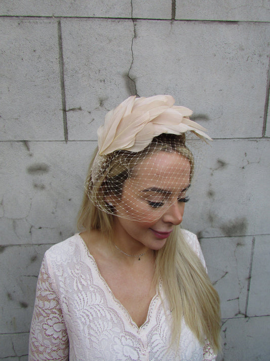Beige Feather Veil Headpiece