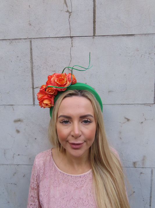 Emerald & Orange Rose Flower Headpiece