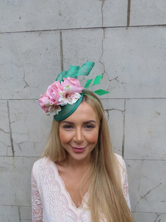 Emerald Green & Blush Flower Hat