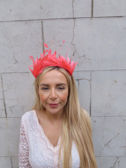 Coral Feather Crown Fascinator