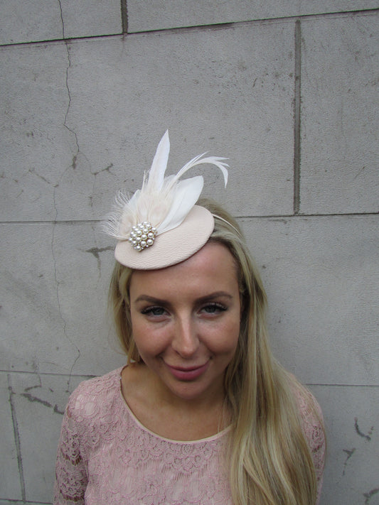 Beige Champagne Feather Pillbox Hat