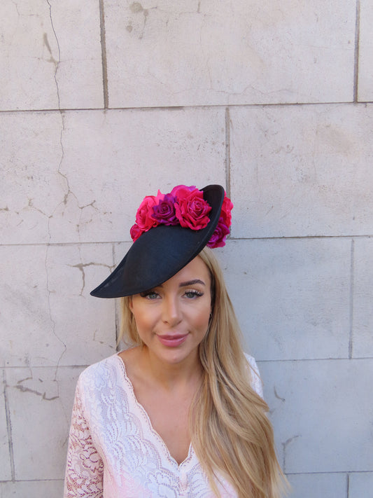 Black & Pink Floral Dramatic Teardrop Hat