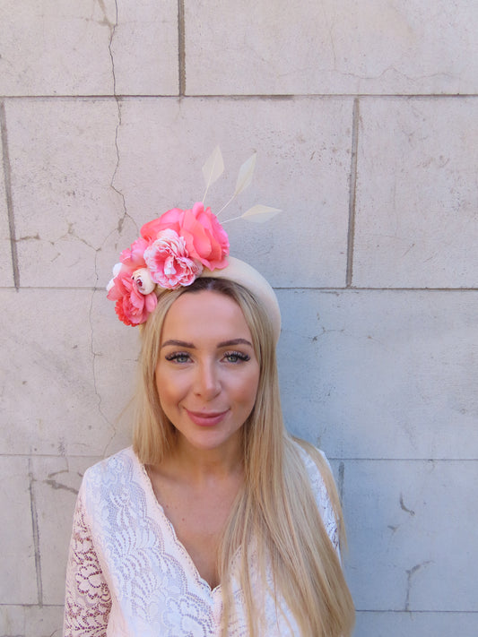 Coral & Cream Flower Fascinator Headpiece