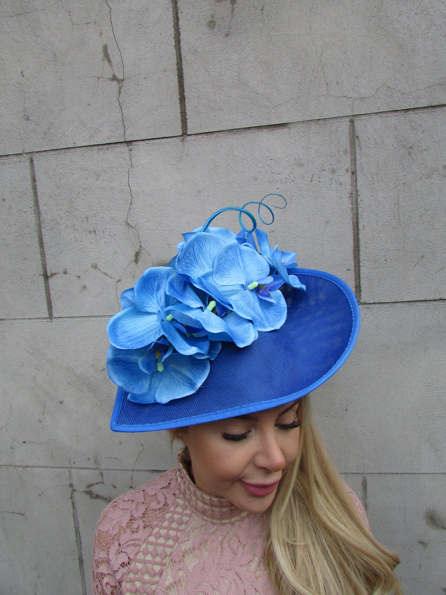 Large Electric Blue Orchid Flower Ascot Hat