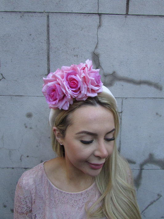 Champagne & Pink Flower Fascinator Headband