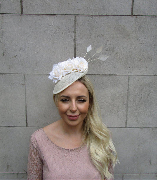 Cream Sinamay Disc Rose Fascinator Hat