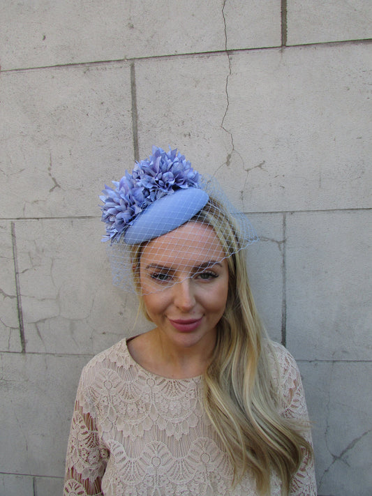 Cornflower Blue Birdcage Veil Fascinator Hat