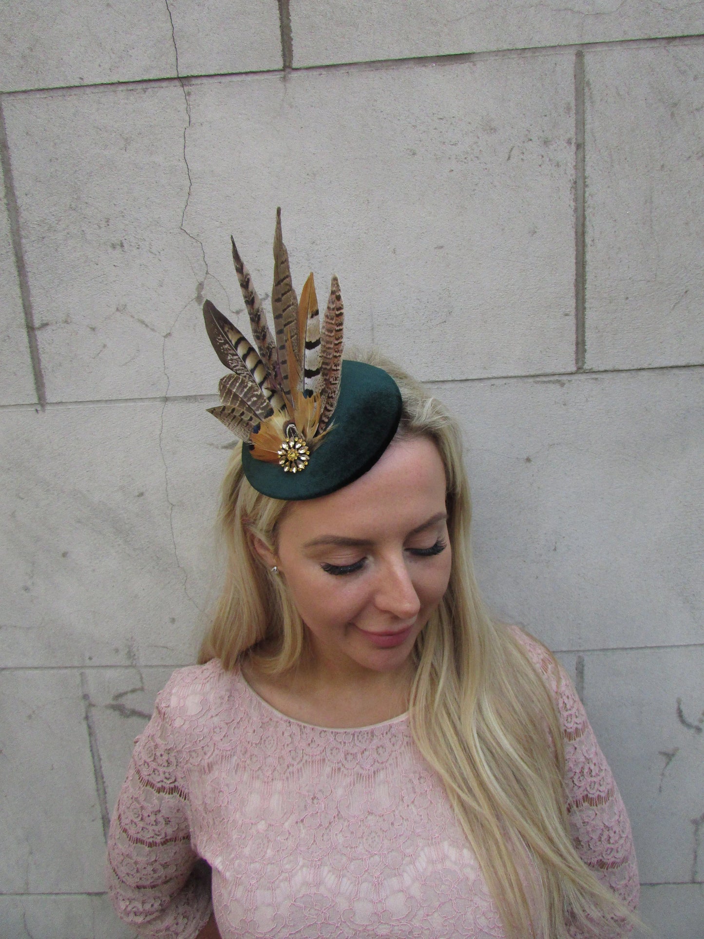 Bottle Green & Gold Pheasant Fascinator Hat