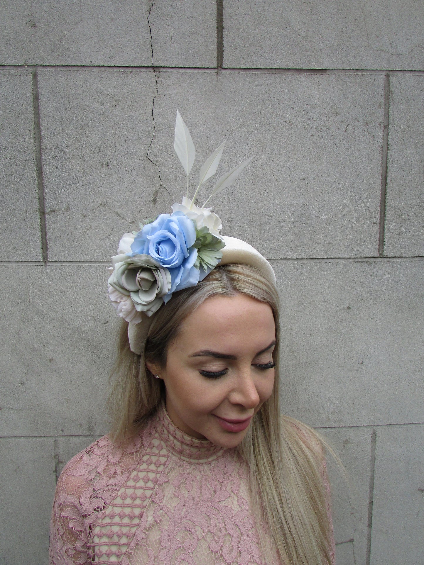 Cream Sage & Light Blue Fascinator