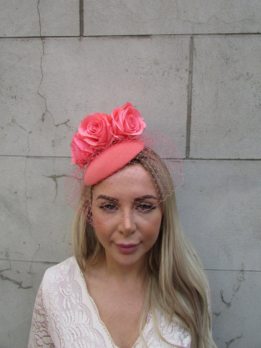 Coral Rose Flower Pillbox Hat Fascinator